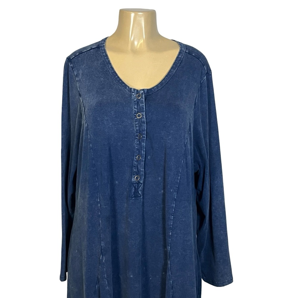 Soft Surroundings 2X Blue Acid Wash Henley Maxi Dress Pockets 5GA22 Long Sleeve